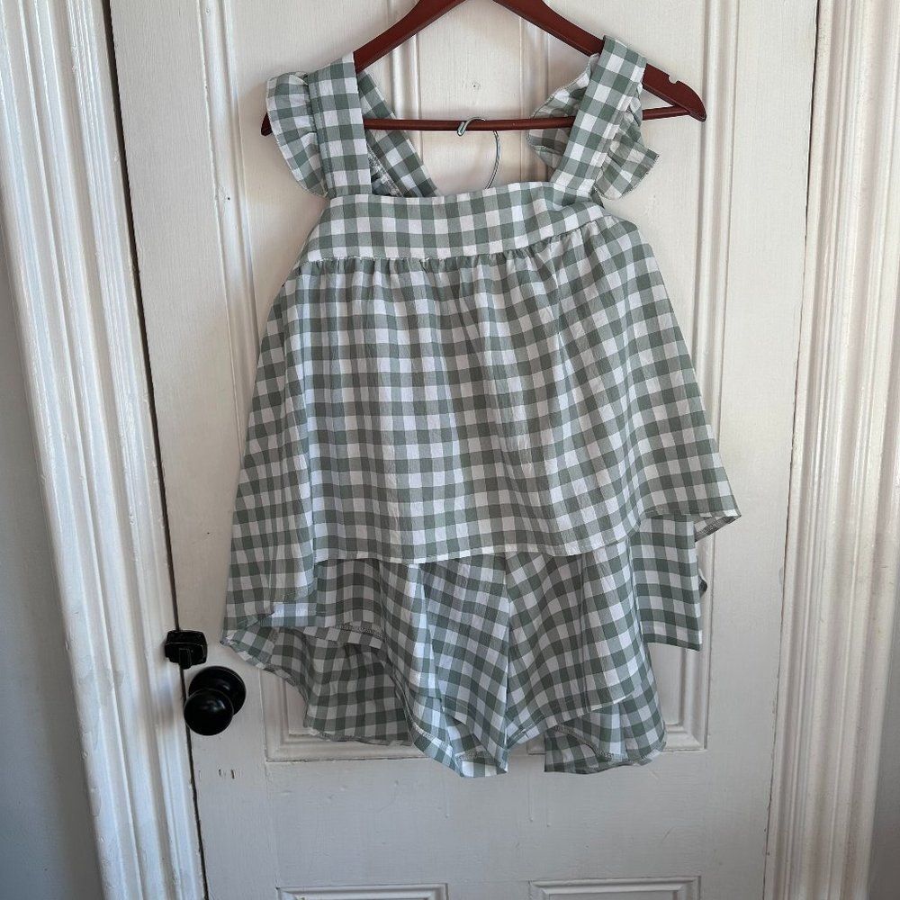 SHEIN VCAY Plus Gingham Print Ruffle Trim Top & Shorts NWOT size 2X